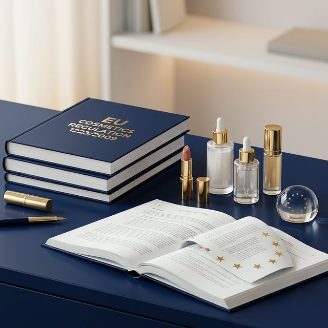 EU Cosmetics Regulation 1223/2009 reference books alongside cosmetic products on a navy desk